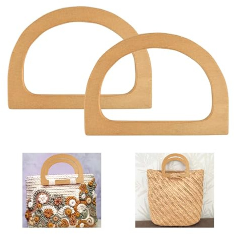 2 Pcs Wooden Bag Handles for Crochet Bag Making, D Shaped Handbag Straps, Adult Craft Kits, Replacement Accessories for Handmade Beach Bag Purse Handbags Straw Bag Shopping Bag