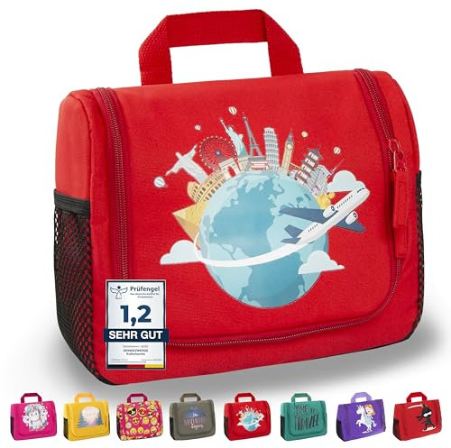 GRINSEZWERGE Kulturtasche für Kinder und Erwachsene - 12 Motive | Reise Kulturbeutel für Damen und Herren | Kosmetiktasche zum Aufhängen | Waschbeutel Waschtasche Reisetasche für Jungen und Mädchen