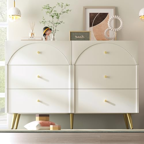 BTM Sideboard Cabinet for Living Room, Chest of Drawers with 6 drawers, Cream White, 40D x 120W x 85H CM