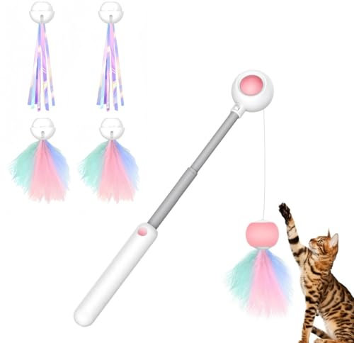 Giocattolo per Gatti per Esercizpink White Giochi per Gatti con Piume Cannetta con Piume per Gatti Pezzi Giocattolo Interattivo per Gatti Retrattile Decompressione Cat Fun Stick (2 Teste di Ricambio)