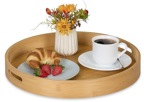 Relaxdays Plateau de Service, en Bambou et MDF, avec poignées, Bord élevé, Design Rond, H x D : 5 x 40 cm, Nature