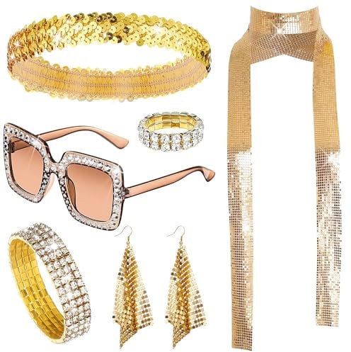 Goenb 6 Stück Disco Accessoires Damen, 70er Jahre Outfit Damen Glitzer Accessoires Disco Kostüm Damen Retro Party Zubehör für Fasching Karneval