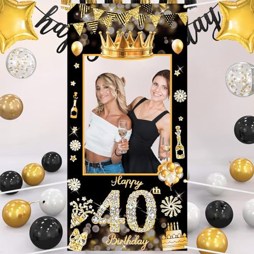 POPOYU 40 Geburtstag Rahme,Deko 40. Geburtstag mann Banner,Banner 40.Geburtstag.mann,deko 40.geburtstag. Schwarz Gold banners,40.Geburtstags Photo Booth Rahmen für.mann Frauen GeburtstagParty Zubehör