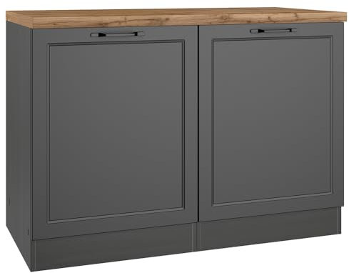 Lomadox Küchenschrank Unterschrank Spülenschrank 120 cm in grau, Arbeitsplatte Eiche, inkl. Einbauspüle mit Abtropffläche