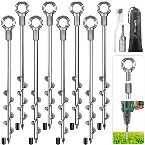 Lifeswell 12 Inch Ground Anchors, 8 Pcs Heavy Duty Tent Stakes, Easy to Install and Reusable, for Camping Tents, Trampolines, Sheds, Swing Sets, Securing Animals
