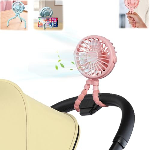 Pram Fan Clip On Stroller, Stroller Fan, Mini Portable Pram Fans, Handheld Fan with Night Light Clip USB Rechargeable, 3-Speed, 500mAh Mini Portable Pram Fans for Car/Stroller/Bike/Camping (Pink)