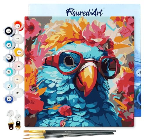 Figured'Art Mini Peinture par Numéro Adulte 20x20cm avec cadre Perroquet fantaisie et fleurs - Petit Format Kit de Loisir Créatif DIY Numéro d'Art Complet