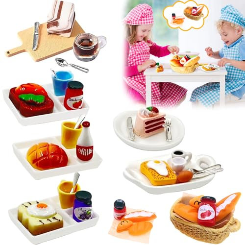 Cerkkapo 37 Stück Miniatur Essen und Trinken,Wichtel Zubehör,Puppenhaus zubehör,1/12 Miniatur Lebensmittel Puppenhaus Zubehör,Harz Lebensmittel Spielzeug Set mit Brot Kuchen Getränke Eier Milch Kaffee