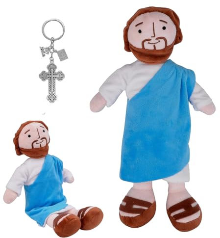 Gfamous Stoff Jesus Plüschfigur, Religiöse Christliche Puppen, Kommt mit einem Kreuz-Bibel-Schlüsselanhänger, für Partyzubehör, Ostern, für Jungen und Mädchen (Blau)