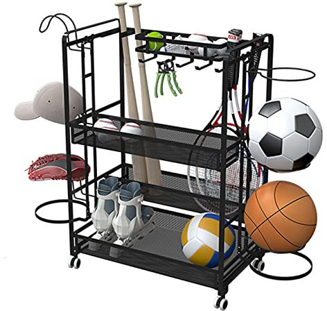 HXLDZOU Multi-purpose Cart with Removable Cap, Ball Rack, Sports Equipment Storage Trolley for Basketball Gym (Black)