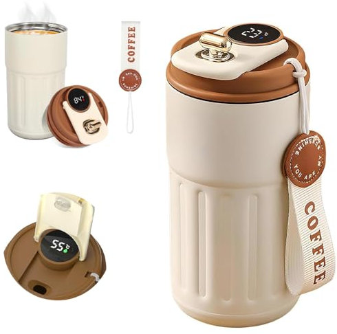 Dhqkqg Coffee Cup Travel Mug, 450mL Thermal Mug with Temperature Display, Stainless Steel Coffee Thermos for Hot Drinks, Vacuum Insulated Coffee Flask for Travel Office School Party Camping