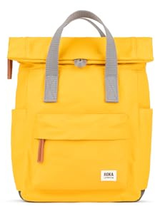 ROKA London Canfield B Small Sustainable Nylon Backpack (Saffron) | Compact roll top backpack with wide zip opening, tablet storage, secret pocket, side pockets and adjustable shoulder straps