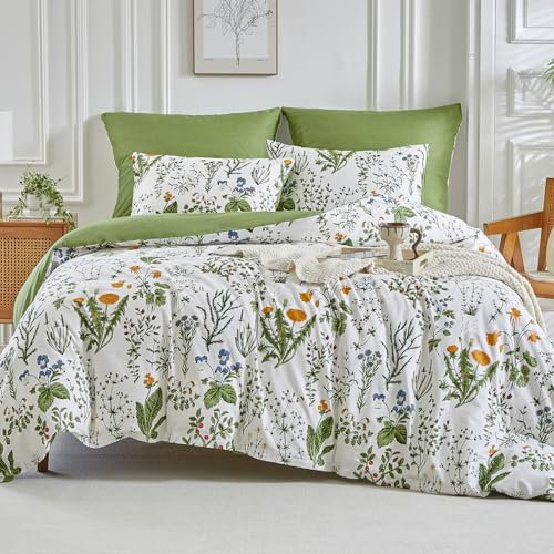 Tokokimo Bettwäsche für 135/150 cm breite Betten, Baumwolle, Motiv mit Zweigen und Blättern, 3-teilig, bestehend aus 1 Bettdeckenbezug 240 x 220 cm und 2 Kissenbezügen 50 x 75 cm, Grün/Weiß