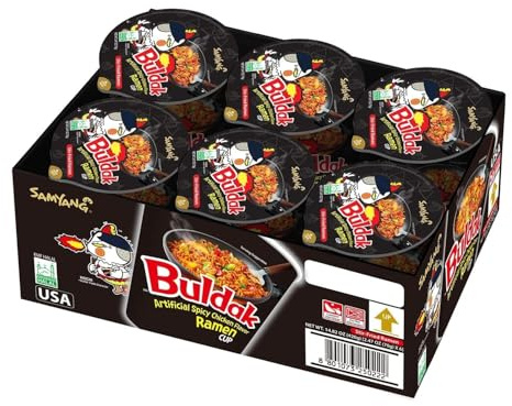 W&E Mart Ramen, Buldak Hot Spicy Chicken Ramen Noodle, Korean Stir-Fried Ramen, Original Flavor, Pack of 6 Cups