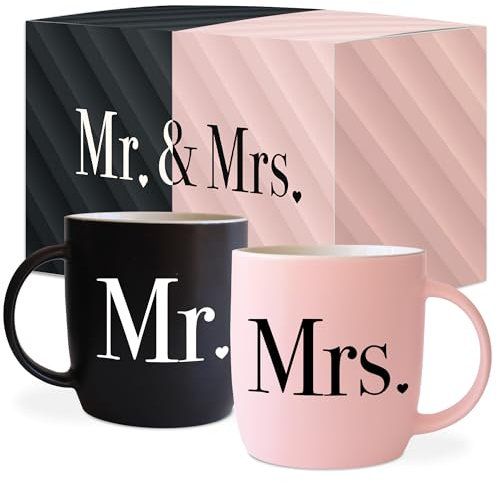 Triple Gifffted Mr and Mrs Coffee Mugs Couples Gifts Ideas for Wedding Anniversary Engagement Valentines Christmas His Hers Present Husband Wife Him Her Men Women, Bride Groom Newlyweds, Ceramic 13Oz