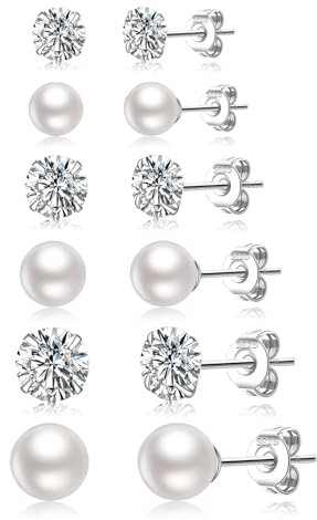 LOUMILEO 6 Paar Perlenohrringe Set,Hypoallergene Perlen Ohrringe 925 Silber,Mini Zirkonia Silber Stecker Ohrringe für Damen & Herren (3-8 mm)