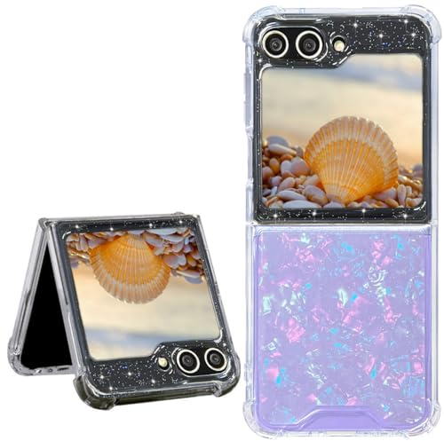 Efitoo for Samsung Galaxy Z Flip 5/Z Flip 6/Z Flip 7 FE Case Clear with Holographic Seashell Pattern Aurora Design Transparent Shockproof Slim Protective Women Girly Anti-Scratch White Phone Cover