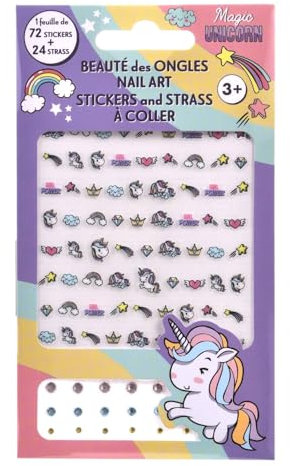 Unicorn Nail Art Set with 72 Nail Stickers and 24 Nail Rhinestone for Girls, Perfect Nail Art Design and Decoration for Kids and Adults