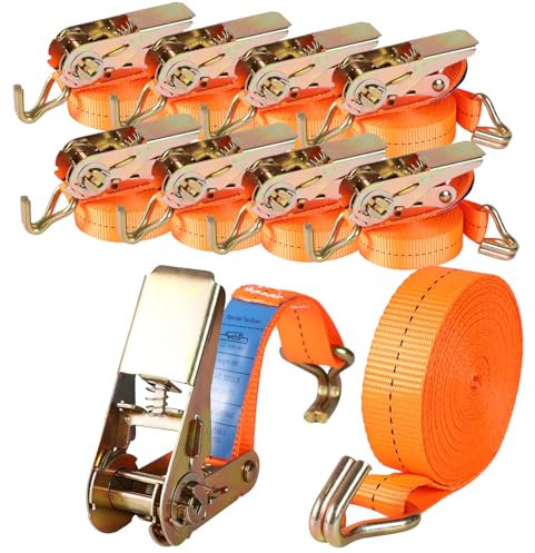 8 Stück Spanngurte mit Haken Ratsche in 4m 1000kg 1T Zweiteilig 25 mm Ratschengurt Zurrgurte für Ladungssicherung TÜV/GS Zertifiziert(Orange)