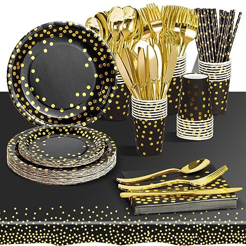 AIPartywar Party Tableware Set, Kids Birthday Party Supplies 226 Piece BlackGold Paper Plates Set Party Plates Cups Napkins Straw Dinnerware for Babyshower Engagement Wedding Birthday- 25 Guests