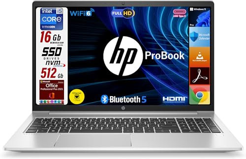 HP ProBook G8 450 Laptop, CPU Intel Core i5 11th Gen, Iris Xe Graphics, 16GB RAM DDR4, 512GB NVMe SSD, Display Laptop 15.6 Full HD, Windows 11 Pro, Office 2021 Pro Plus - Portatile Pronto all'Uso