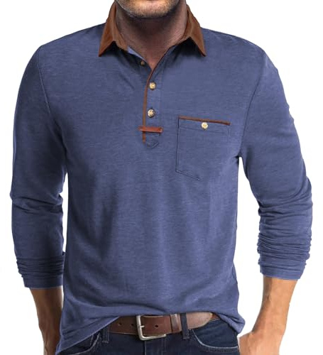 Poloshirt Herren Langarm Leichtes Langarmshirt Outdoor Casual Polo Hemd T-Shirt mit Tasche-Dunkelblau-XL
