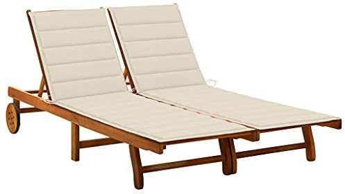 2-Personen-Sonnenliege mit Auflagen aus Massivholz Akazie, verstellbare Relaxliege für Garten, Terrasse und Pool, inkl. cremeweißen Polstern, robuste Holzliege mit Rädern zum leichten Transport