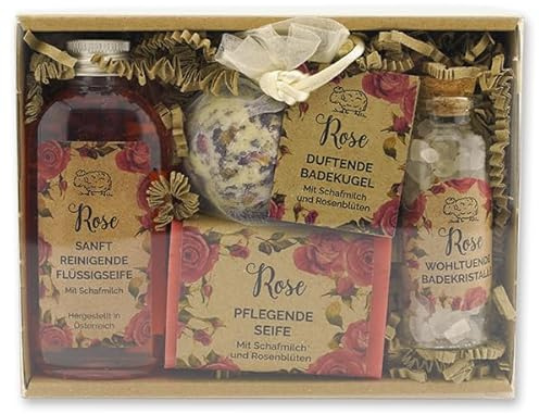 Geschenkset Pflegeset Rose mit 100g Schafmilchseife, 75ml Flüssigseife, 40g Badesalz und einer Badekugel in der Geschenkbox - Wohlfühlzeit aus Schafmilch
