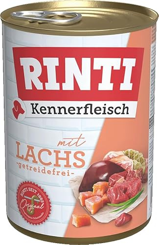 RINTI - Kennerfleisch | Nassfutter mit 70% Fleisch für ausgewachsene Hunde. Getreidefreies Alleinfutter in der Dose ohne Soja, Farb- und Konservierungsstoffe | 12x400g Lachs