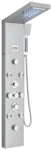 Saeuwtowy Columna de ducha LED hidromasaje, columna de ducha de acero inoxidable con 8 microchorros de masaje, sistema de ducha de pared cepillado