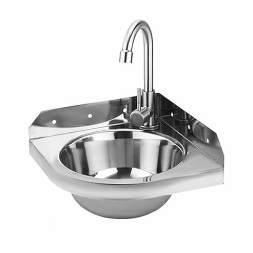 Corner Stainless Steel Sink, 26 x 26 cm, Wall Mounted, Single Basin, Sink, Hanging Sink with Hot and Cold Taps, for Boat, Caravan, Motorhome, Bathroom, Toilet