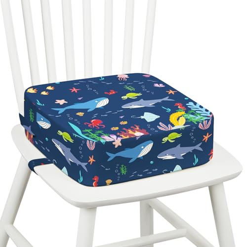 Omedecal Toddler Booster Seat for Dining Table Kitchen Chair, Kids Booster Seat with Non-Slip Bottom and Adjustable Straps, 4 Detachable Washable Portable Travel Increasing Cushion (Undersea World)