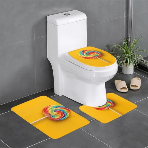 WHJSHOP Regenbogen-Lutscher-Badteppich-Set: 3-teilige rutschfeste Bodenmatte (61 x 40,6 cm) für WC, Waschtisch und Toiletten, leicht zu reinigen