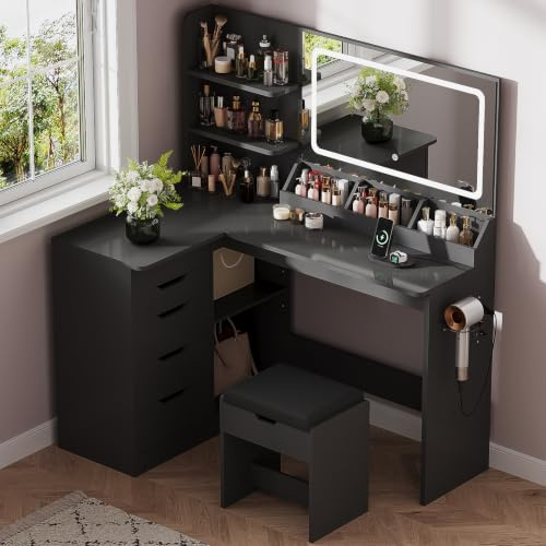 JUMMICO Schminktisch mit Spiegel und Licht, Eck Schminktisch L Hocker mit Beleuchtung LED 3 Farben, Make Up Table 120 breit mit 5 Schubladen und Steckdosen, Schwarz