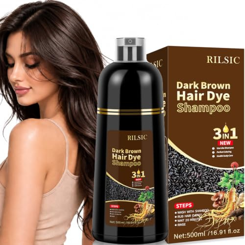 Haarfarbe Dunkelbraun, 500ml Dark Brown Hair Dye Shampoo 3in1, Haarfärbeshampoo Gegen Graue Haare, Sofort-Färbe-Shampoo, Hair Color Farbshampoo Tönungsshampoo Graue Haare Abdecken für Männer Frauen