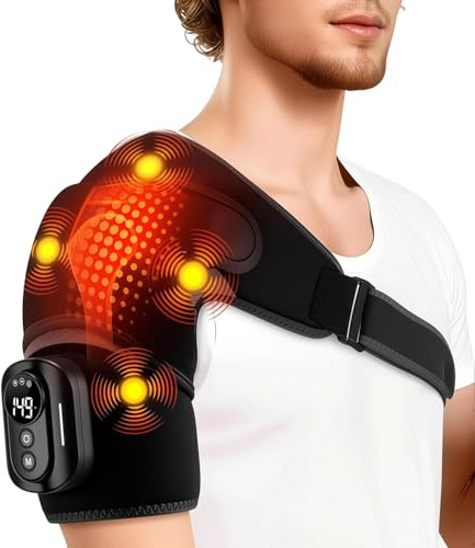 Schulter Massagegerät, 5 Heiz- & Vibrationsmodi, 5000-mAh-Akku | 3-Stufen-Timer, abnehmbarer Fernbedienung, atmungsaktives Material, verstellbare Gurte für Zuhause, Büro