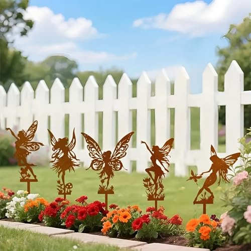 Gartenstecker Rost Deko, 5 Stück Elfen Gartendeko Elfen Figuren, AmeiseGartenstecker Rost Metall Elfe Figuren Garten für Draußen, Rostige Frühlingsdeko, Blumenstecker für Terrassen Blumentopf (A)