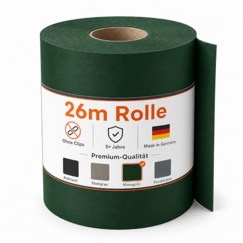 SCHUTZ-FUX Sichtschutzstreifen Rolle 26m x 19,1cm Moosgrün RAL 6005 – 1,1mm Dick, UV-Stabil & Selbsttragend Ohne Klemmen – Für Doppelstabmattenzaun – Made in Germany