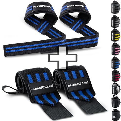 Fitgriff® Handgelenk Bandagen + Zughilfen (2er Set) - für Krafttraining, Fitness, Bodybuilding, Gewichtheben, Gym, Kraftsport - für Frauen und Männer (Black/Blue)