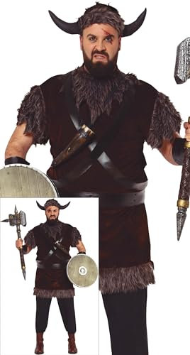 FIESTAS GUIRCA | Costume de Viking Adulte (48-50/M) - Tunique, Bandeau, Ceinture, Cornes et Manchettes - Tenue de Guerrier Nordique pour Halloween, Carnaval et Fêtes Déguisées - Homme - Marron et Gris