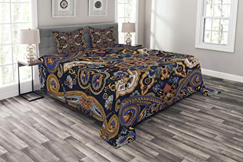 ABAKUHAUS Paisley Tagesdecke Set, Marokkanische Floret Antike, Set mit Kissenbezügen Weicher Stoff, für Doppelbetten 264 x 220 cm, KönigsBlau und Sandbraun