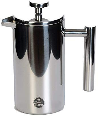VietBeans French Press – Doppelwandiger Thermo-isolierter Kaffeebereiter Teebereiter - Polierter Edelstahl - Pressstempelkanne mit edler Optik – 1000 ml