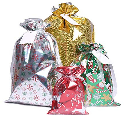 Christmas Bags,40Pcs Santa Wrapping Bag in 4 Sizes and 4 Designs with Inserted Drawstring Ribbons and Tags for Wrapping Holiday