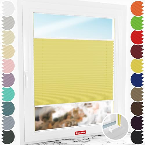 Schuette® Plissee mit Bohren zum Anschrauben ● Premium Kollektion: Summer Time (Gelb) ● 60x130cm (Breite x Höhe) ● Suprafix Faltrollo Befestigung ● Bequeme Rollo Montage inkl. Video