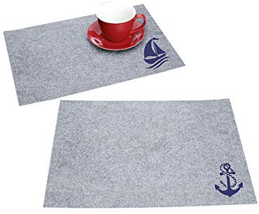 GILDE Filz Tischset Platzset,maritim, 2er Set, Anker/Segelboot,45x30cm x 3mm, grau