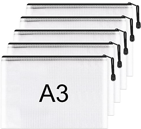 Umriox A3 Document Folder Extra Thick Zipper File Bags Mesh Zip Lock Document Wallets Folder Travel Storage Pouch for Office Supplies and Travel Accessories, Waterproof, 5PCS (Black)