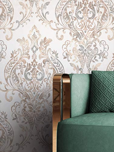 NEWROOM Tapete Weiß Vliestapete Ornament - Barocktapete Barock Beige Grau Metallic Beton-Optik Prunk Glamour Mustertapete inkl. Tapezier-Ratgeber