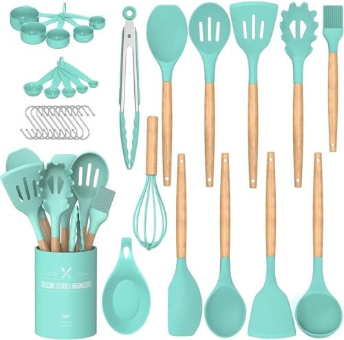 Umite Chef Juego de utensilios de cocina antiadherentes de silicona con soporte, mango de madera, silicona resistente al calor, 24 piezas, color verde