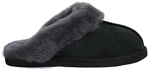 Reissner Lammfelle | Engel Hausschuhe Nadine | Pantoffel | Veloursleder | Innenfutter echtes Merino Lammfell | mit Fellkranz | schwarz 42