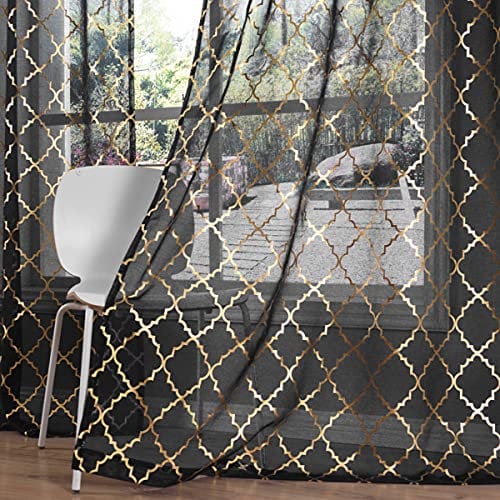 Kotile Vorhänge in Gold und Schwarz, 160 cm Länge, metallisch-goldfarben, marokkanische Fliesen, schwarz, durchsichtige Vorhänge für Schlafzimmer, Ösenvorhänge, je 132 x 160 cm, schwarz und Gold